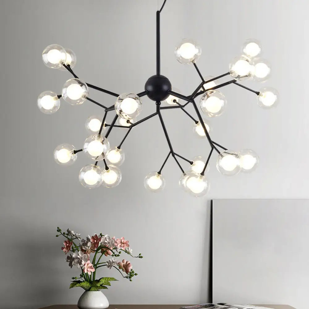 Modernist 36-Light Black Firefly Chandelier - Clear And Frosted Glass Pendant Light For Parlor