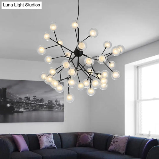 Modernist 36-Light Black Firefly Chandelier - Clear And Frosted Glass Pendant Light For Parlor