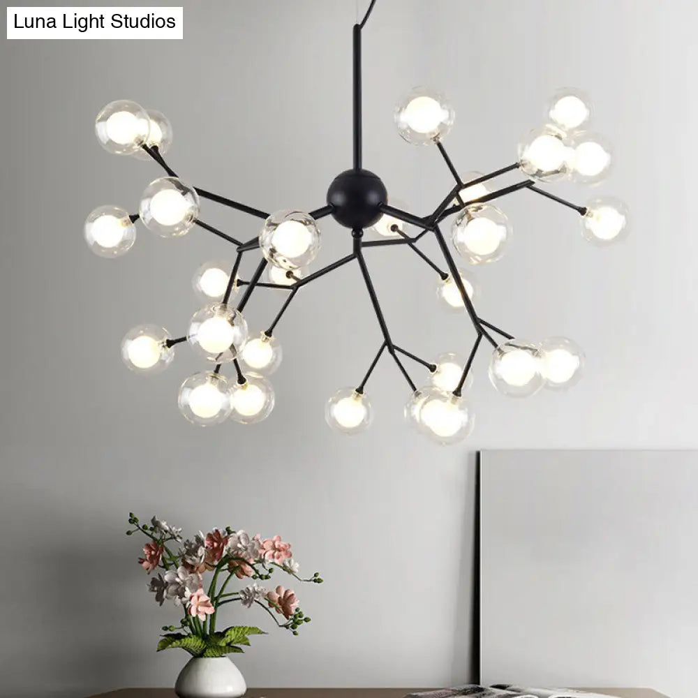 36-Light Firefly Chandelier With Clear And Frosted Glass Modern Black Pendant For Parlor