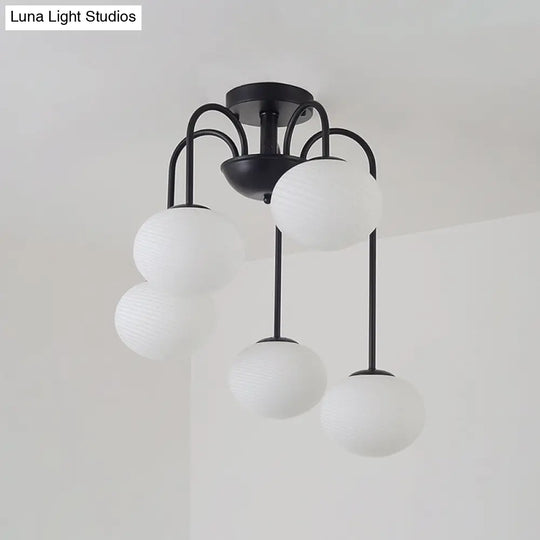 Modernist 5-Light Ceiling Mounted Ball Semi Flush Mount Light With Frosted Glass Shade Black/White