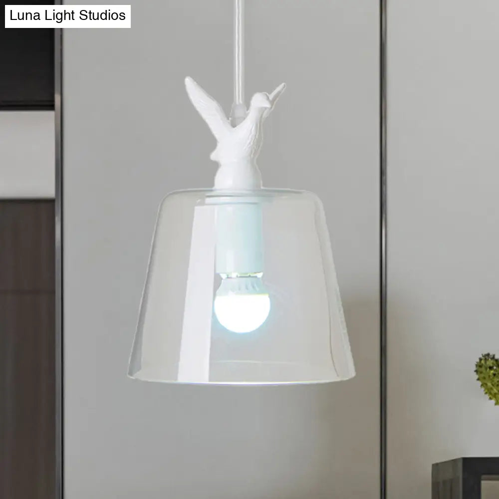 Modernist Pendant Lighting: Cylindrical/Barrel Shaped Hanging Lamp With Clear Glass Bird Design (1/5