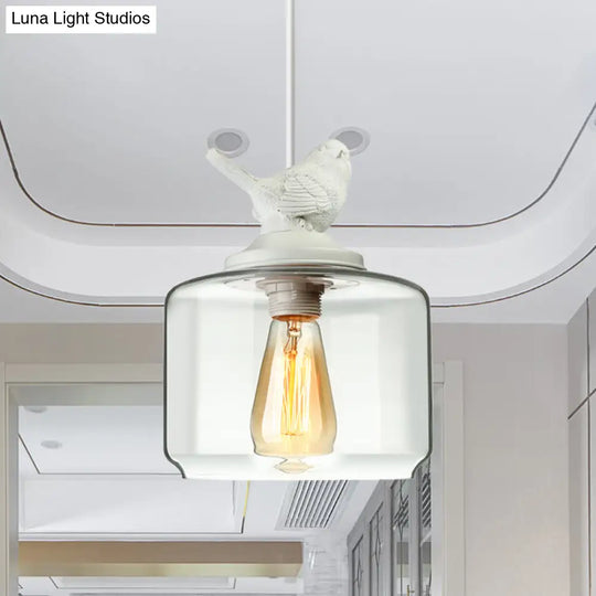 Modernist Pendant Lighting: Cylindrical/Barrel Shaped Hanging Lamp With Clear Glass Bird Design (1/5