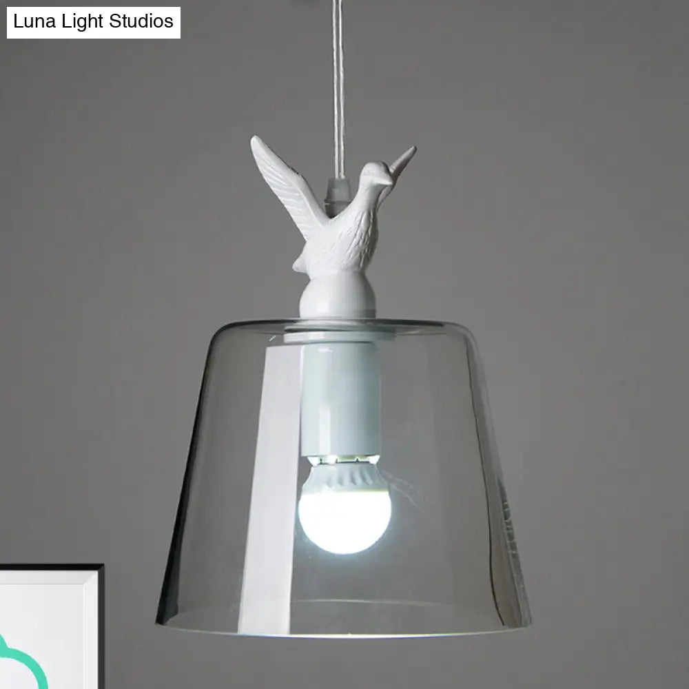 Modernist Pendant Lighting: Cylindrical/Barrel Shaped Hanging Lamp With Clear Glass Bird Design (1/5