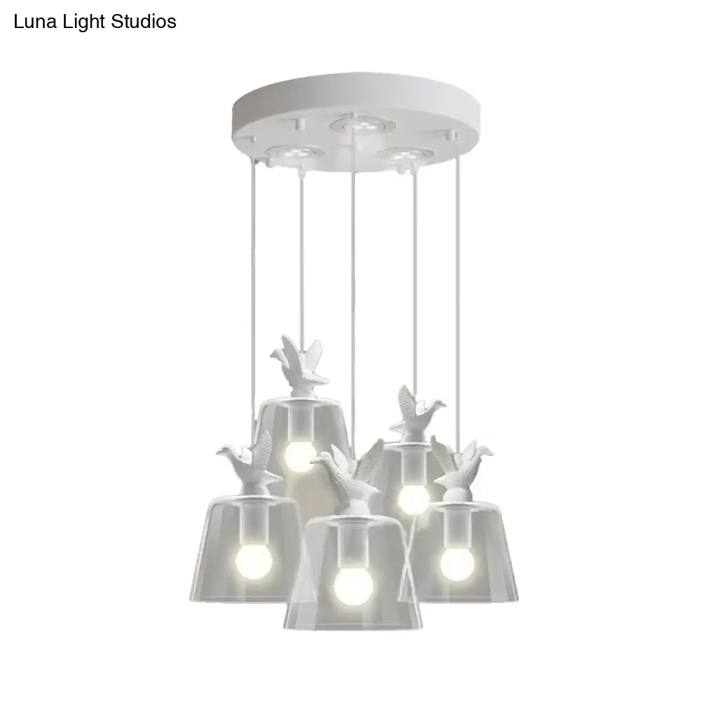 Modernist 5-Light Clear Glass Pendant With Bird Design - Cylindrical Shape