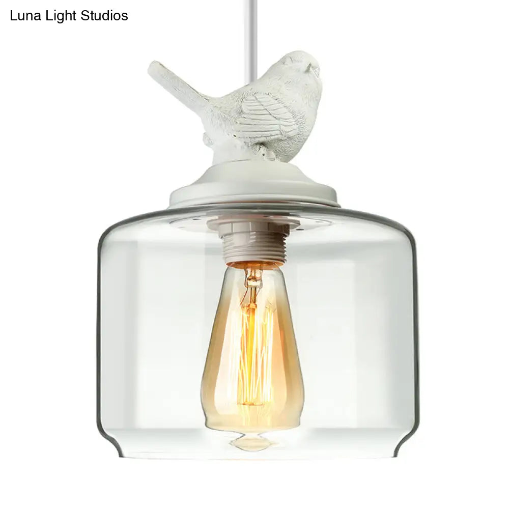 Modernist Pendant Lighting: Cylindrical/Barrel Shaped Hanging Lamp With Clear Glass Bird Design (1/5