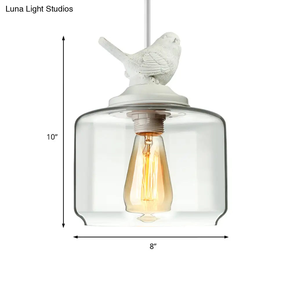 Modernist 5-Light Clear Glass Pendant With Bird Design - Cylindrical Shape