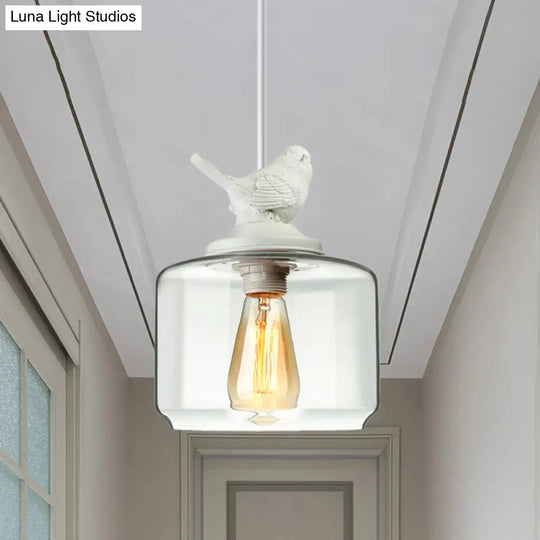 Modernist Pendant Lighting: Cylindrical/Barrel Shaped Hanging Lamp With Clear Glass Bird Design (1/5