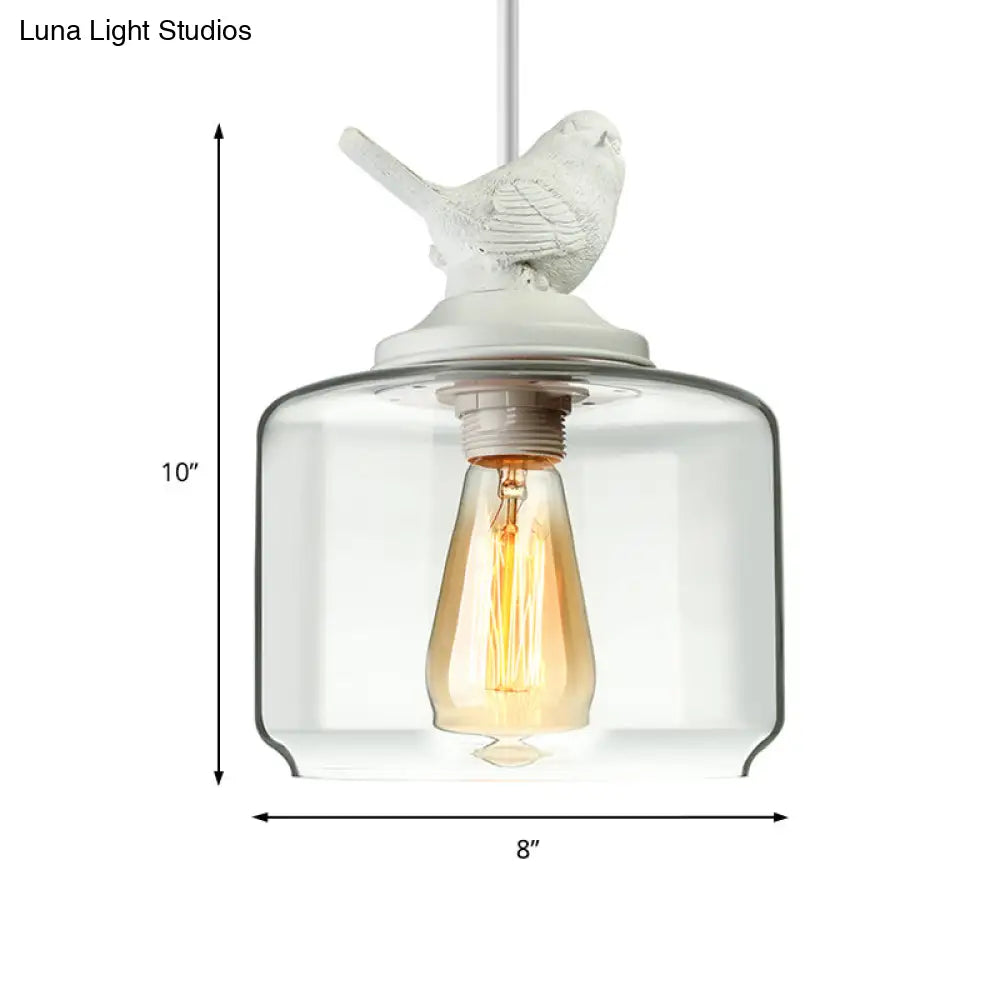 Modernist Pendant Lighting: Cylindrical/Barrel Shaped Hanging Lamp With Clear Glass Bird Design (1/5