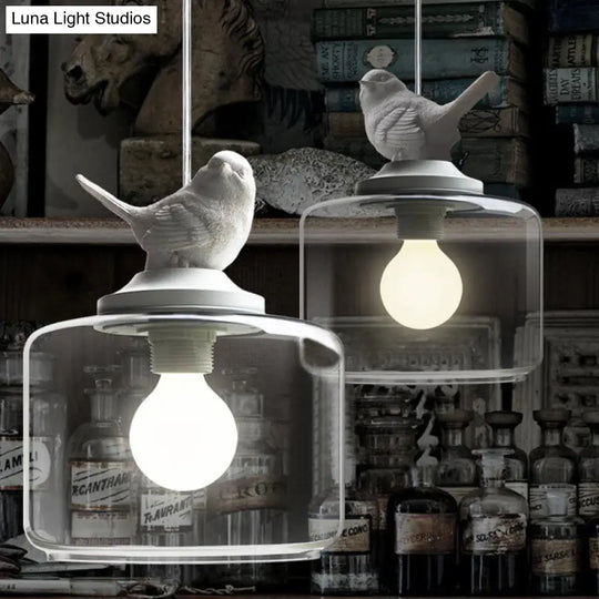 Modernist Pendant Lighting: Cylindrical/Barrel Shaped Hanging Lamp With Clear Glass Bird Design (1/5