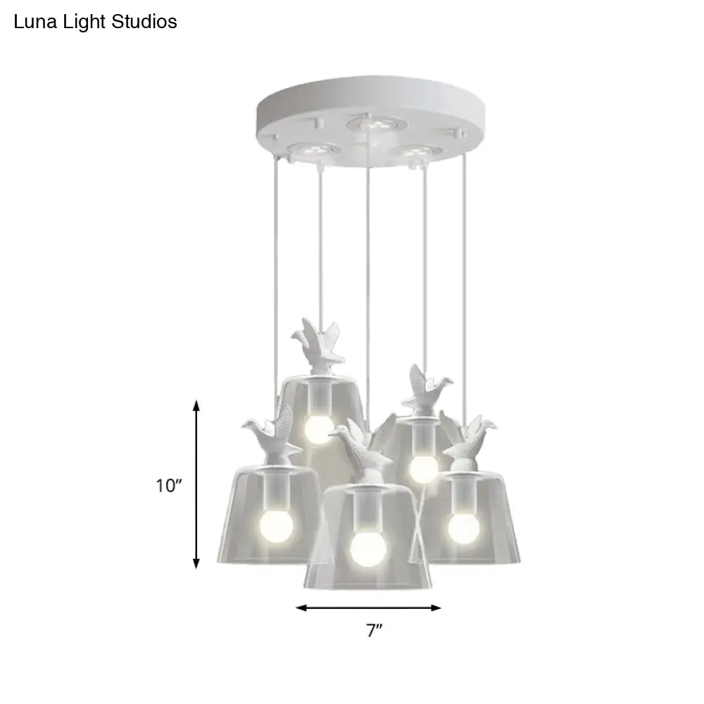 Modernist 5-Light Clear Glass Pendant With Bird Design - Cylindrical Shape