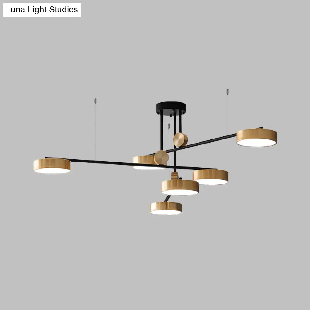 Modernist 6-Head Pendant: Black & Gold Small Drum Suspension Light With Metal Shade