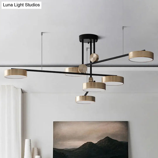 Black And Gold Modernist Multi-Lamp Pendant With Small Drum Shades