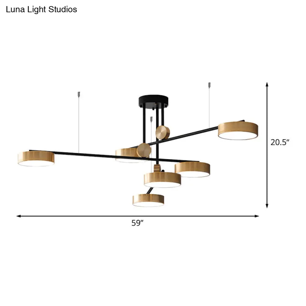 Modernist 6-Head Pendant: Black & Gold Small Drum Suspension Light With Metal Shade