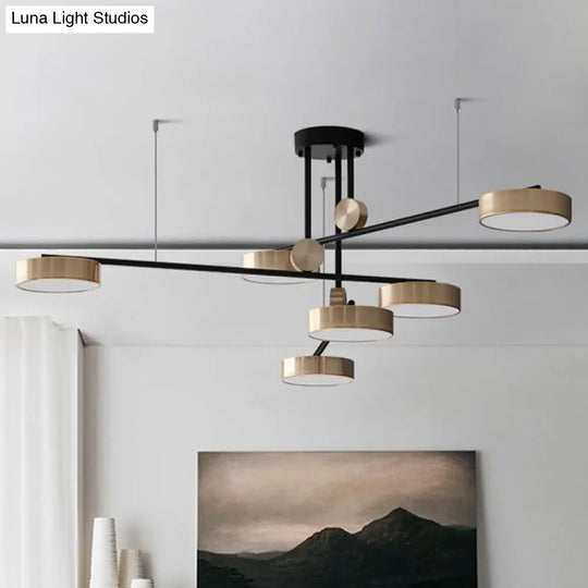 Modernist 6-Head Pendant: Black & Gold Small Drum Suspension Light With Metal Shade