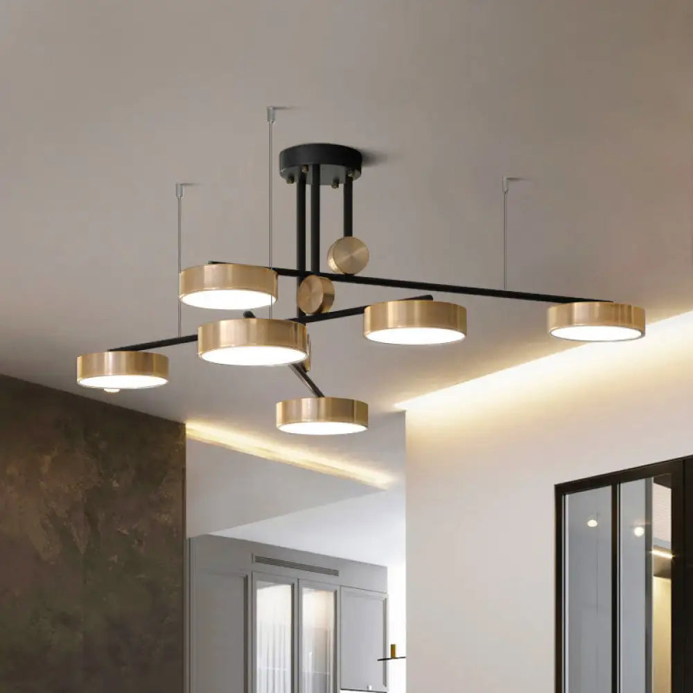 Modernist 6-Head Pendant: Black & Gold Small Drum Suspension Light With Metal Shade