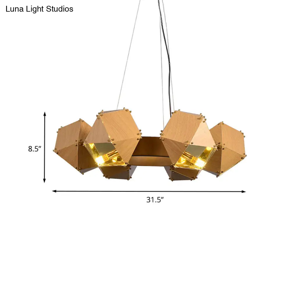 Modernist 6-Head Polyhedron Chandelier: Metallic Pendant Lamp Dark Wood Finish