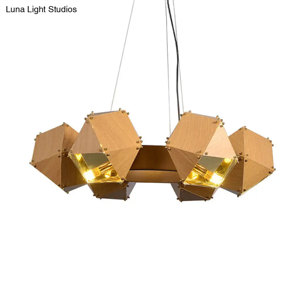 Modernist Dark Wood Polyhedron Chandelier With 6 Metallic Heads - Ceiling Pendant Lamp For