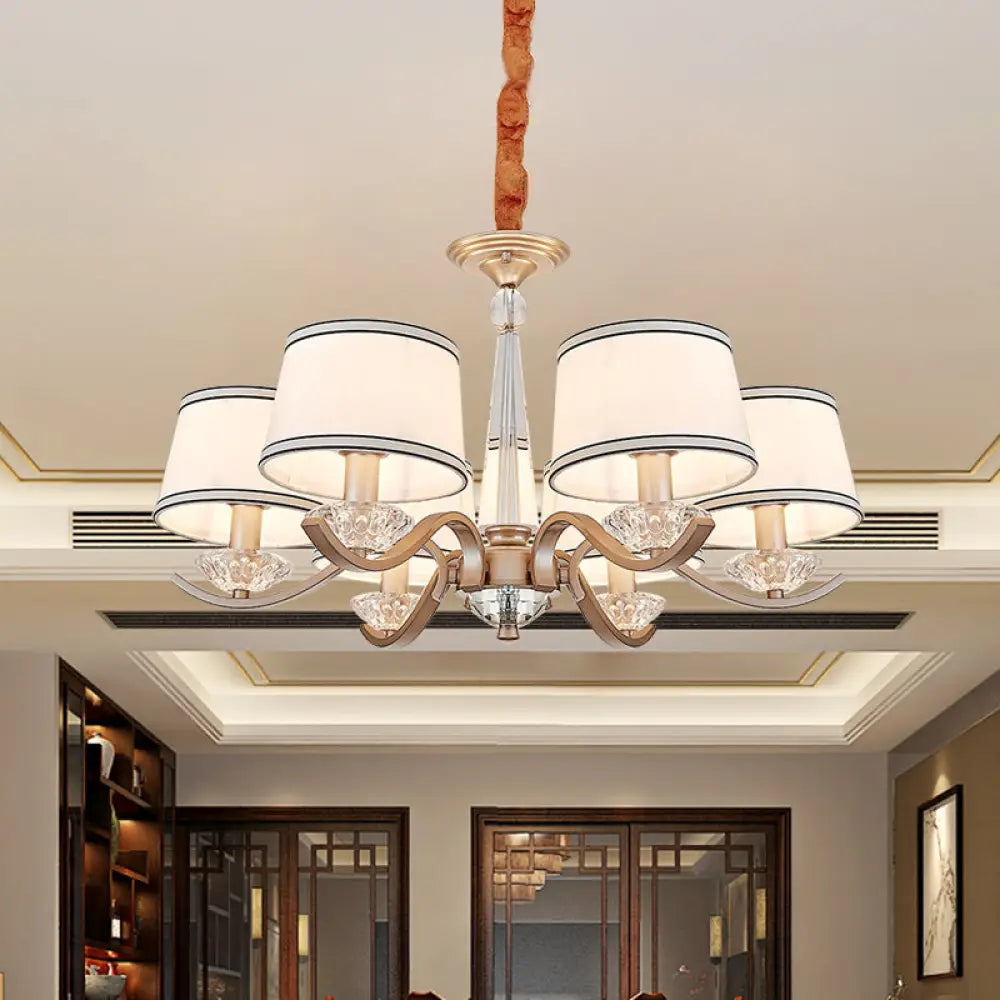 Modernist 6-Light Fabric Barrel Ceiling Chandelier With Crystal Bobeche - Bedroom Suspension Lamp