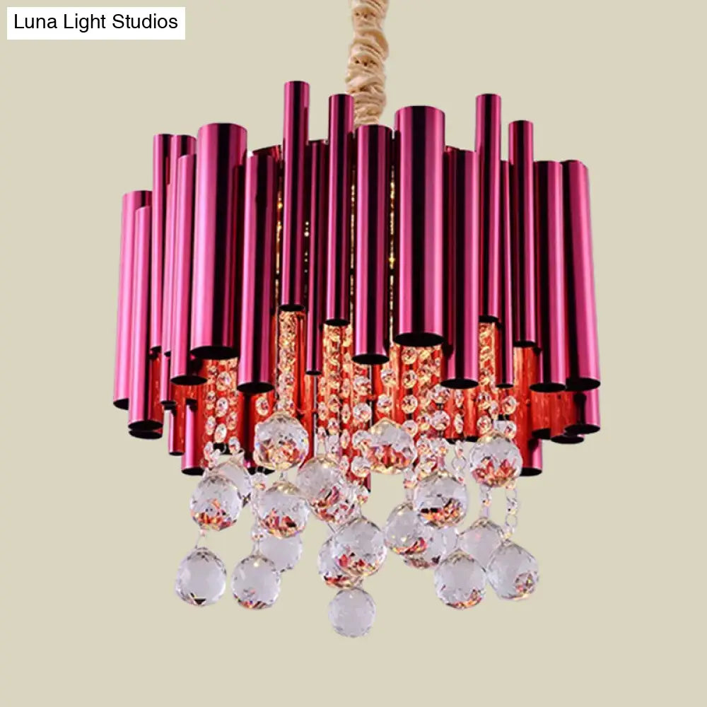 Modern Slim Tube Metal Chandelier Light: 6-Lights Gold/Rose Red Finish Crystal Ball Decoration