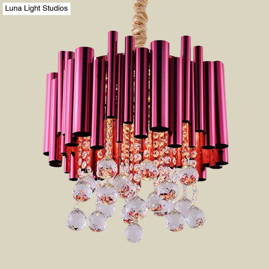 Modernist 6-Light Slim Tube Chandelier In Gold/Rose Red Finish With Crystal Ball Accents