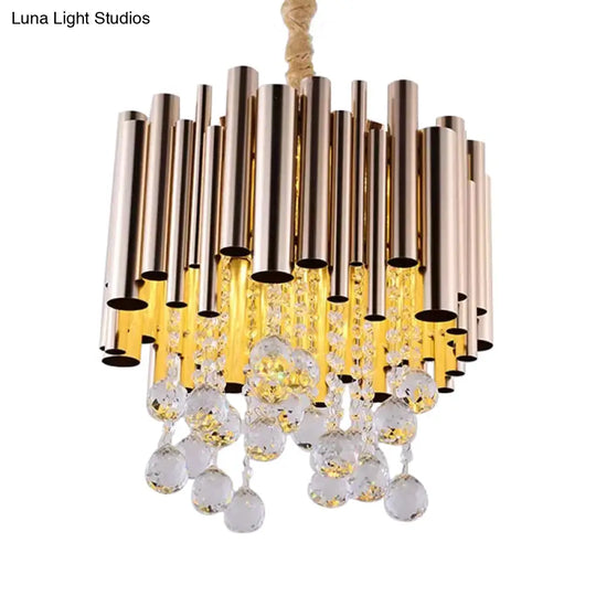 Modernist 6-Light Slim Tube Chandelier In Gold/Rose Red Finish With Crystal Ball Accents