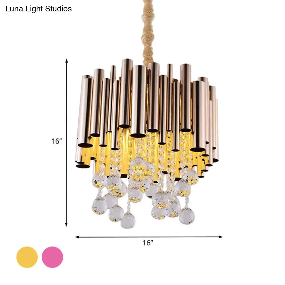 Modern Slim Tube Metal Chandelier Light: 6-Lights Gold/Rose Red Finish Crystal Ball Decoration