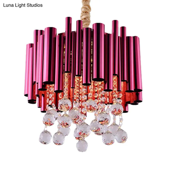 Modernist 6-Light Slim Tube Chandelier In Gold/Rose Red Finish With Crystal Ball Accents