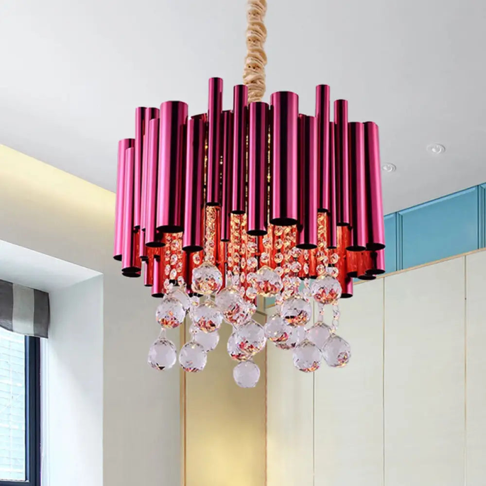 Modernist 6-Light Slim Tube Chandelier In Gold/Rose Red Finish With Crystal Ball Accents Rose