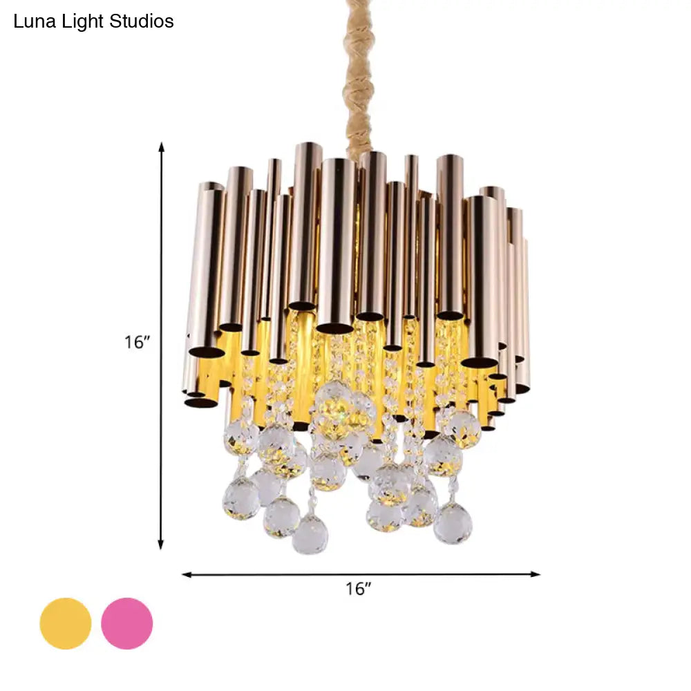 Modernist 6-Light Slim Tube Chandelier In Gold/Rose Red Finish With Crystal Ball Accents