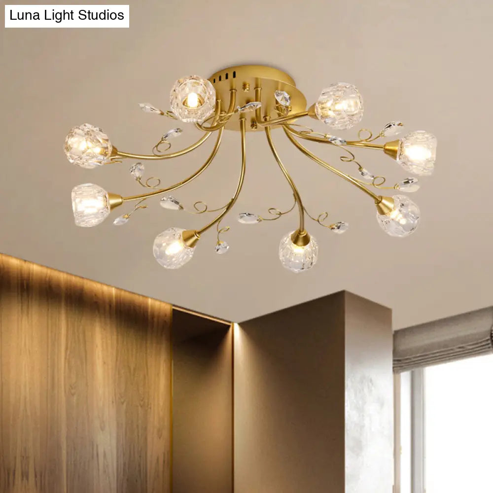 Modernist 8-Light Gold Crystal Globe Semi-Flush Lighting: Led Restaurant Ceiling Lamp