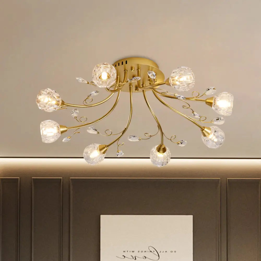 Modernist 8-Light Gold Crystal Globe Semi-Flush Lighting: Led Restaurant Ceiling Lamp