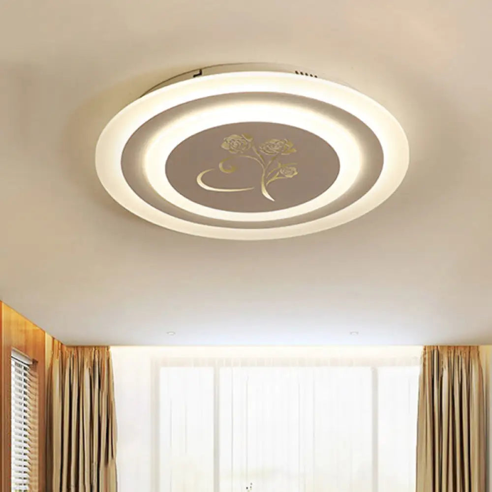 Modernist Acrylic Circle Flush Led Ceiling Light With Rose Pattern - White Mounted