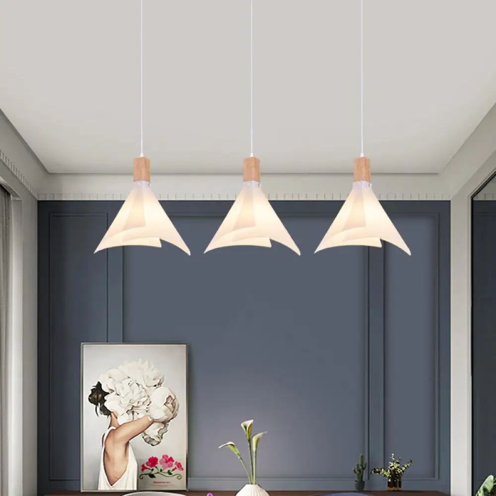 Modernist Acrylic Conical Pendant With 3 White Suspension Lamp Heads - Ideal For Living Room