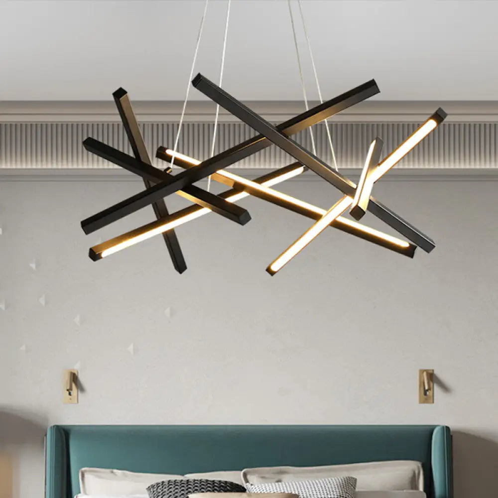 Modernist Acrylic Led Chandelier: Criss Cross Linear Suspension Lamp For Dining Room Ceiling Black