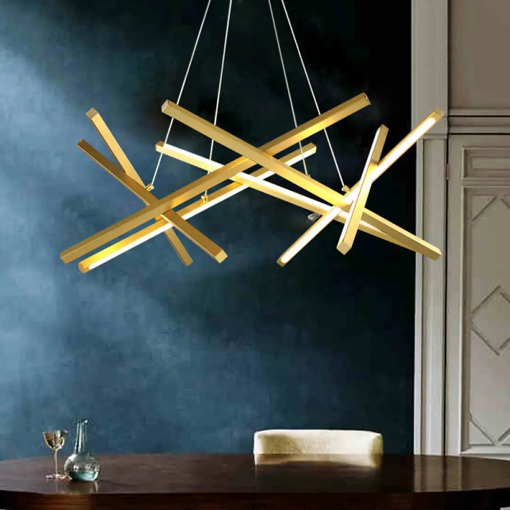 Modernist Acrylic Led Chandelier: Criss Cross Linear Suspension Lamp For Dining Room Ceiling Gold /