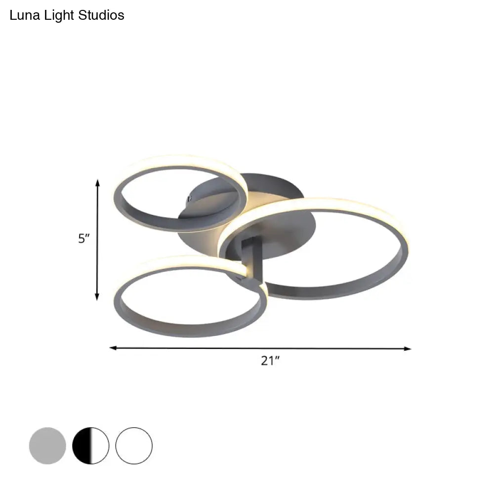 Modernist Acrylic Led Flush Mount Ceiling Light Fixture - 3 Ring Design In Grey/White/Black