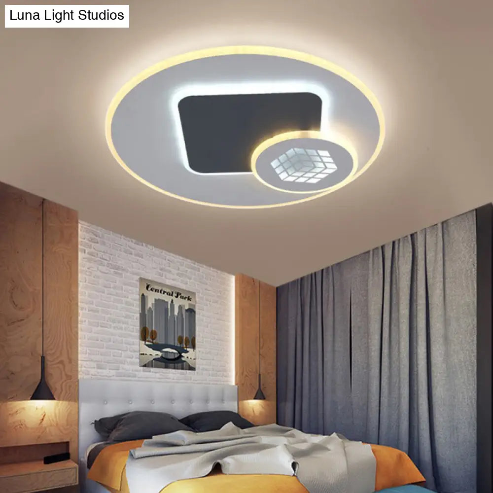 Modernist Acrylic Led Kid’s Room Flush Lamp: Grey & White Ceiling Light With Magic Cube Pattern