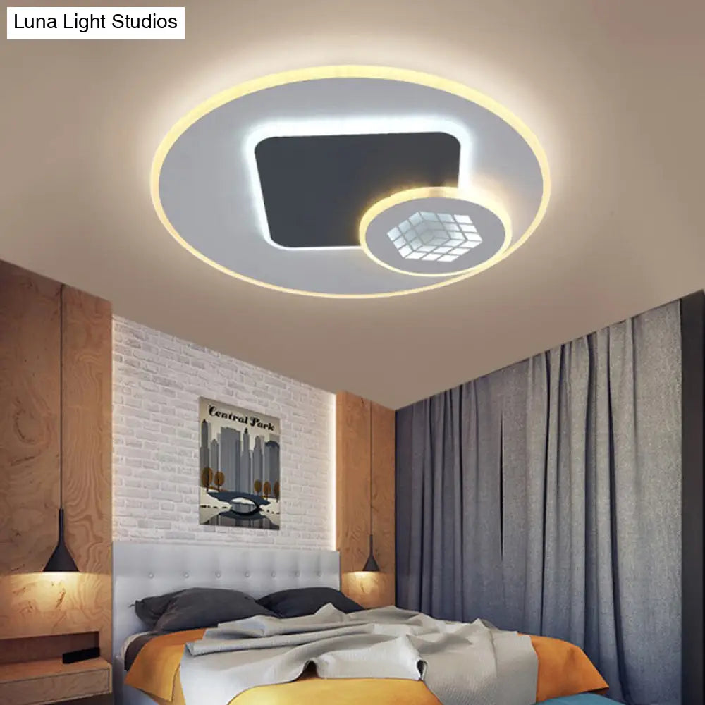 Modernist Acrylic Led Kids Room Flush Lamp: Grey & White Ceiling Light With Magic Cube Pattern