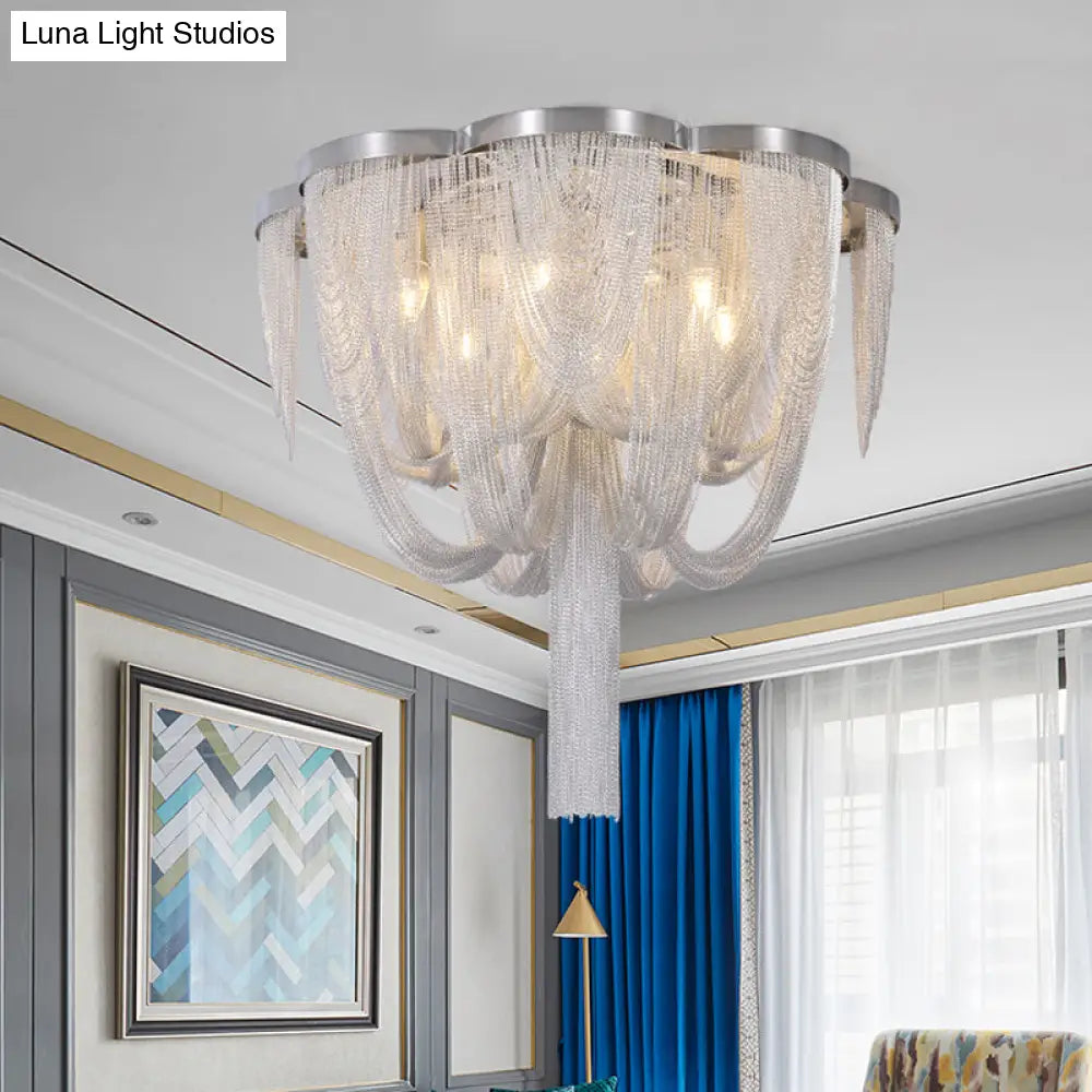 Modernist Aluminum Chain Flush Mount Ceiling Lamp - 4 Lights Chrome Finish Fringe Design Ideal For