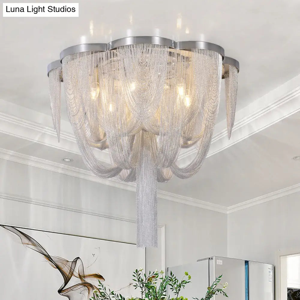 Modernist Aluminum Chain Flush Mount Ceiling Lamp - 4 Lights Chrome Finish Fringe Design Ideal For