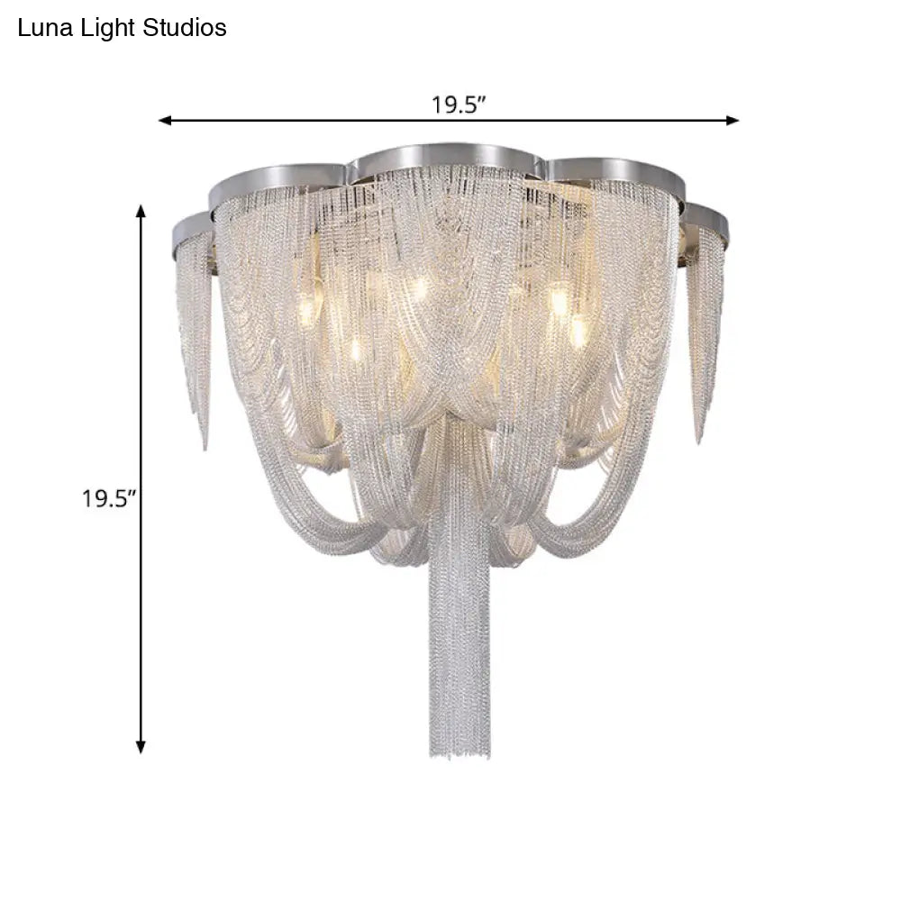 Modernist Aluminum Chain Flush Mount Ceiling Lamp - 4 Lights Chrome Finish Fringe Design Ideal For