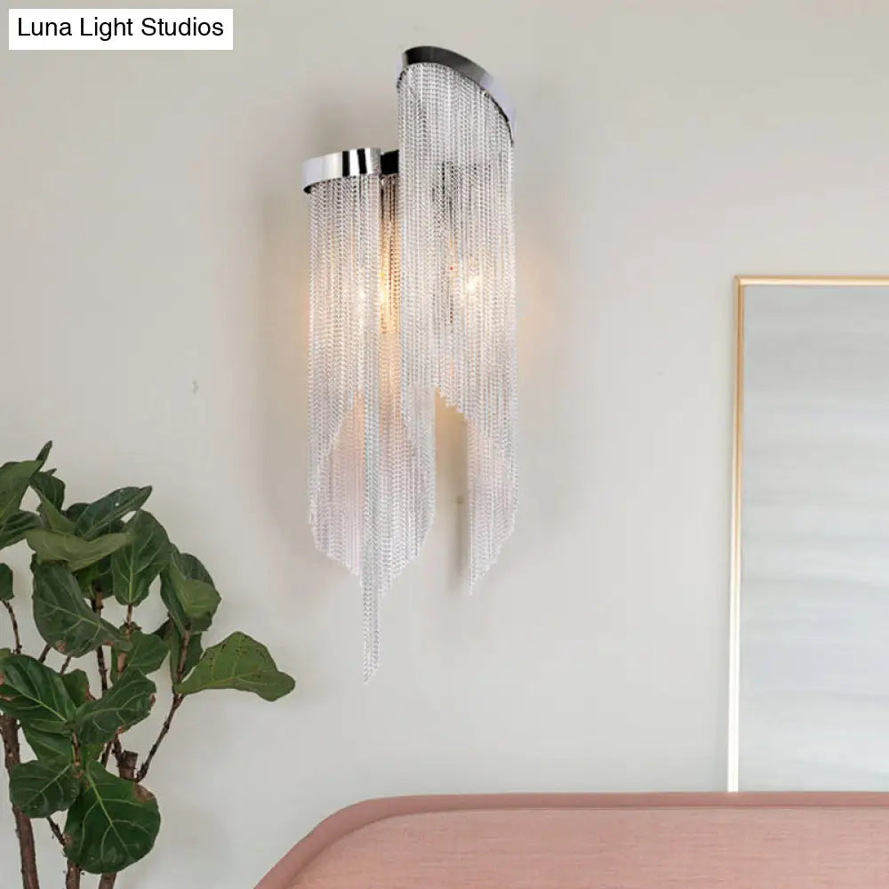 Modernist Aluminum Wall Light Sconce With Tassel Chain - 2 Bulbs Mounted Lamp For Living Room