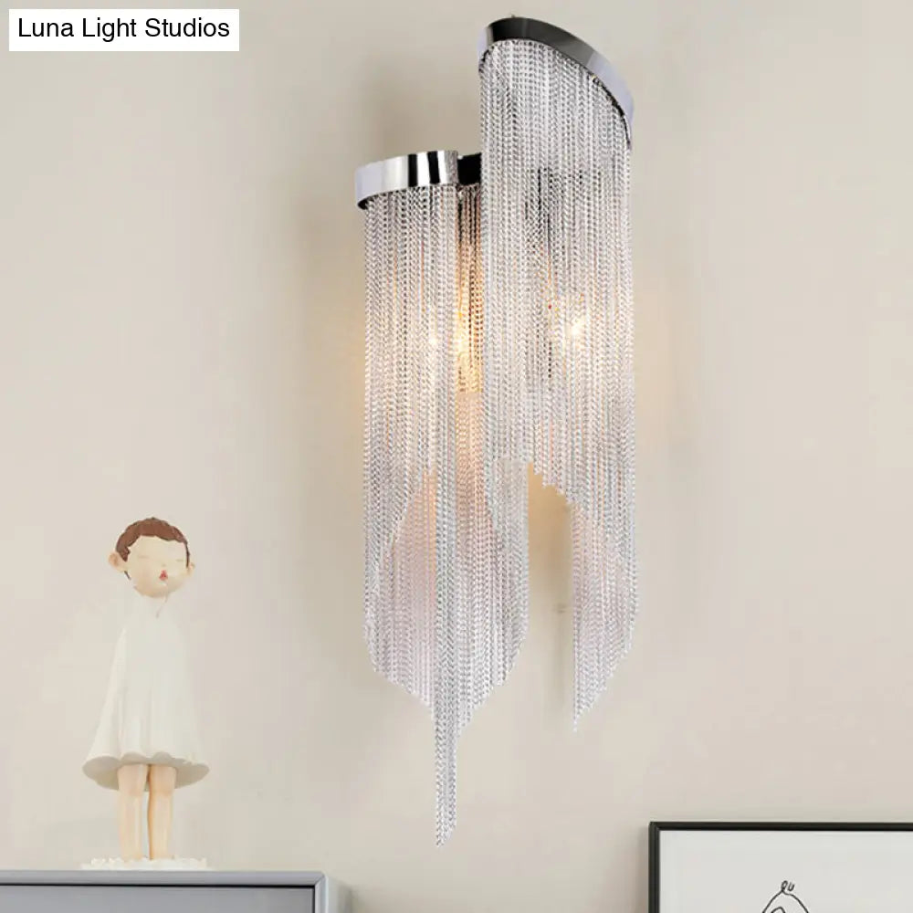 Modernist Aluminum Wall Light Sconce With Tassel Chain - 2 Bulbs Mounted Lamp For Living Room