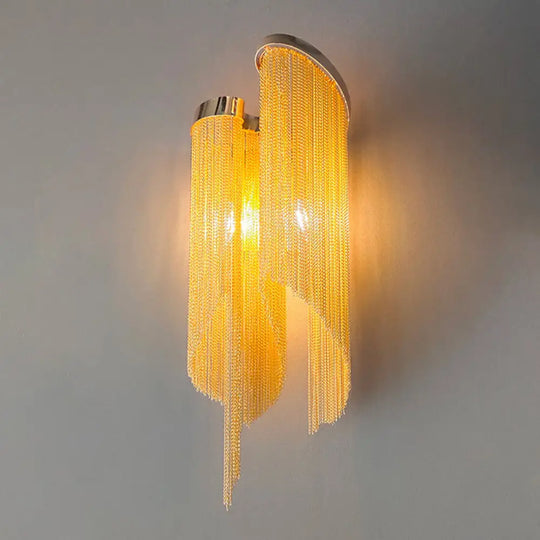 Modernist Aluminum Wall Light Sconce With Tassel Chain - 2 Bulbs Mounted Lamp For Living Room Gold