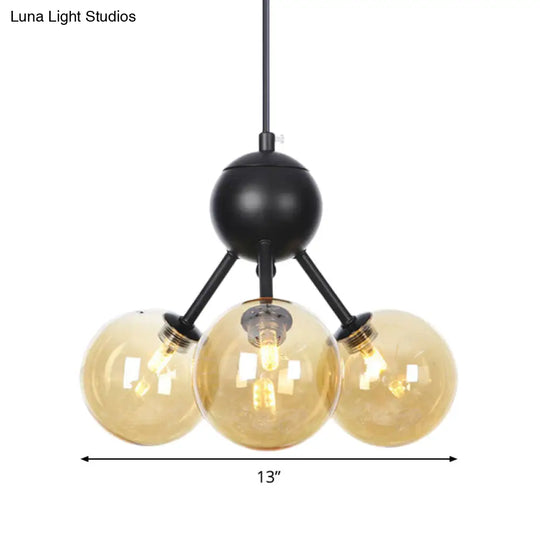 Modernist 3-Head Led Amber Glass Globe Ceiling Chandelier Pendant Lamp In Black