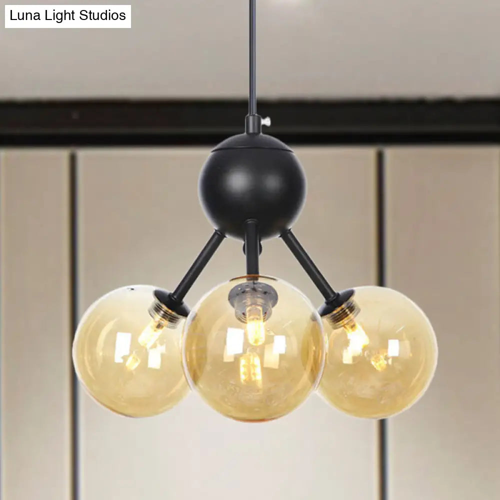 Modernist 3-Head Led Amber Glass Globe Ceiling Chandelier Pendant Lamp In Black