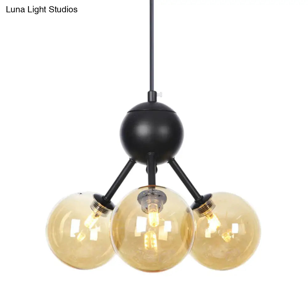 Modernist 3-Head Led Amber Glass Globe Ceiling Chandelier Pendant Lamp In Black