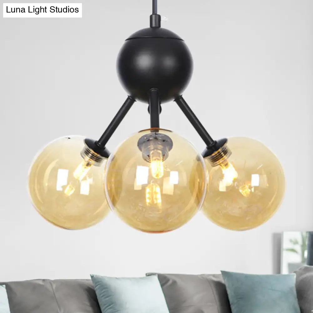 Modernist 3-Head Led Amber Glass Globe Ceiling Chandelier Pendant Lamp In Black