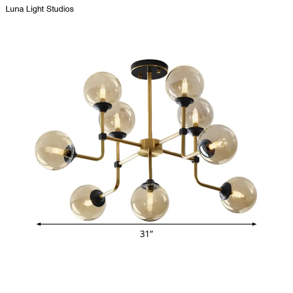 Modernist Amber Glass Globe Semi Flush Ceiling Mount Light Fixture (9/13 Bulbs) In Brass