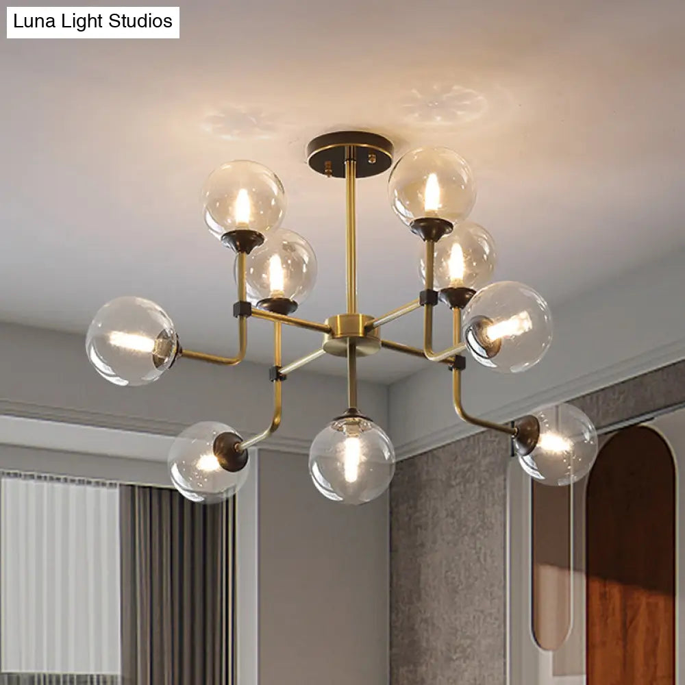 Modernist Amber Glass Globe Semi Flush Ceiling Mount Light Fixture (9/13 Bulbs) In Brass